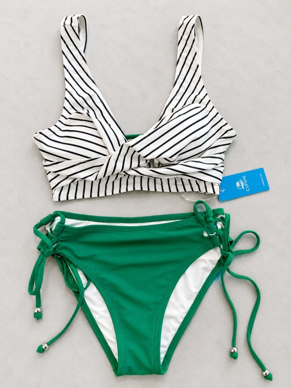 NWT Cupshe XS Green & White Striped Twist Front Bikini Set Tie Side Swimwear